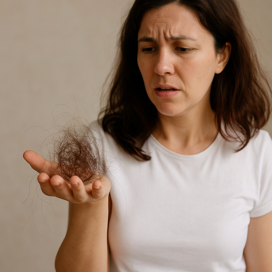Woman in a white t-shirt looking concerned while holding a clump of hair in her hand, illustrating hair loss potentially linked to iodine deficiency or thyroid health issues.