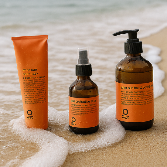 Oway Sunway full summer ritual set: Elixir, Hair & Body Bath, Reparative Mask, and Body Balm