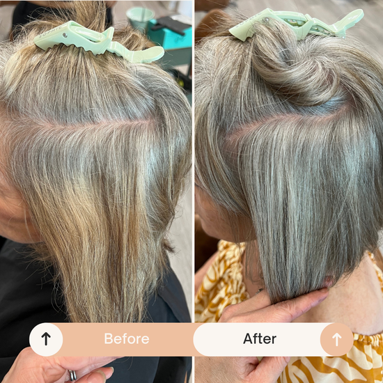 Before and after grey blending transformation showing soft dimensional colour and natural grey transition. Perth