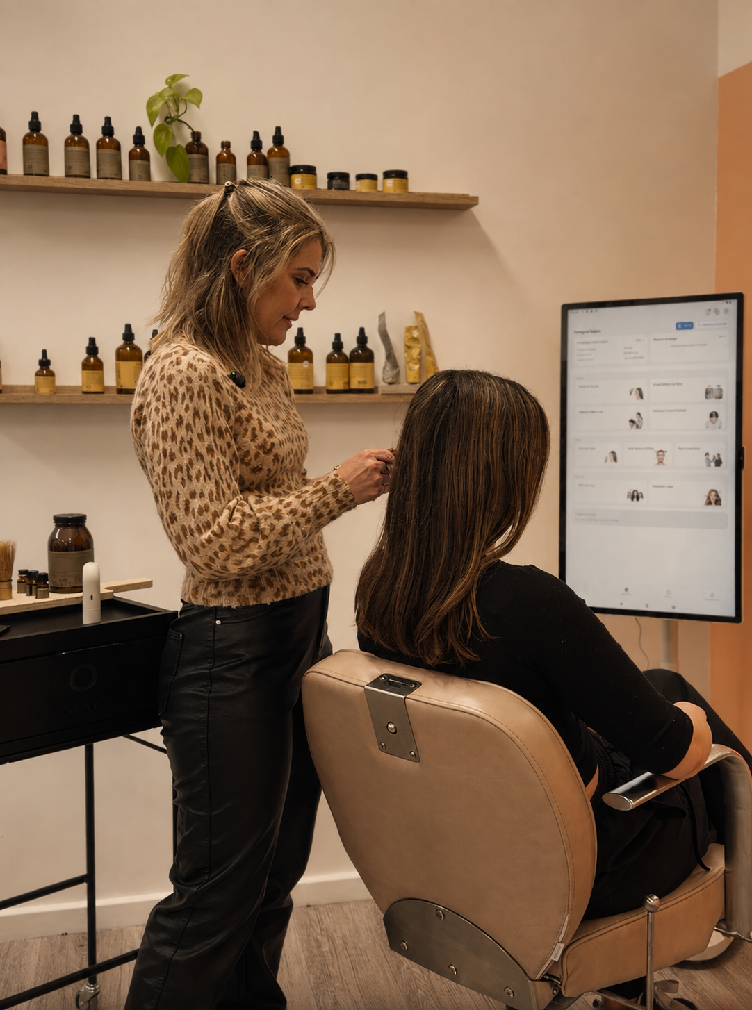 A woman in a leopard-print long-sleeve top and black pants stands beside a seated woman in a salon chair, with a scalp camera and AI computer monitor showingscalp health in a warm, modern salon interior.